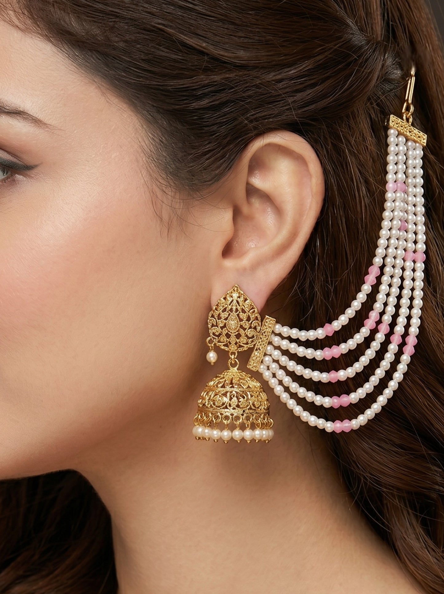 Gold Plated Multi-Layer Pearl Beaded Ear Chain for Women and Girls