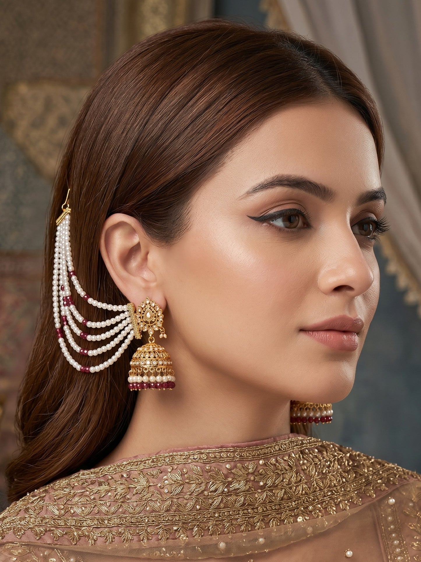 Gold Plated Multi-Layer Pearl Beaded Ear Chain for Women and Girls
