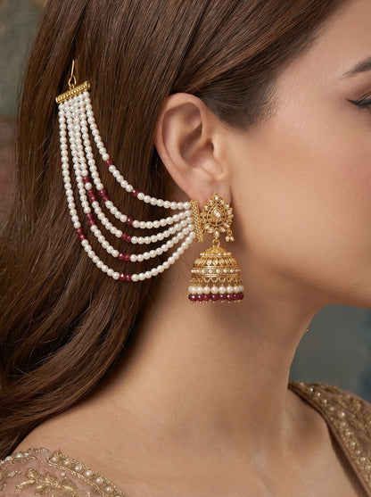 Gold Plated Multi-Layer Pearl Beaded Ear Chain for Women and Girls