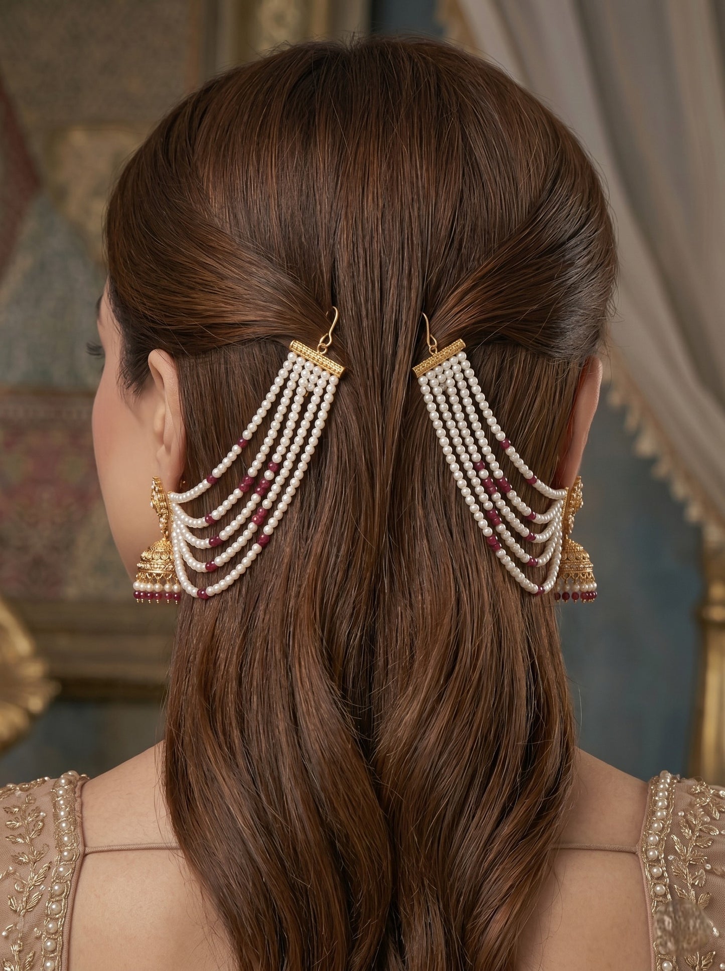 Gold Plated Multi-Layer Pearl Beaded Ear Chain for Women and Girls