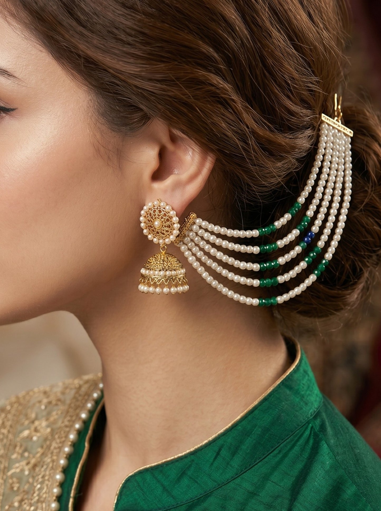 Gold Plated Multi-Layer Pearl Beaded Ear Chain for Women and Girls