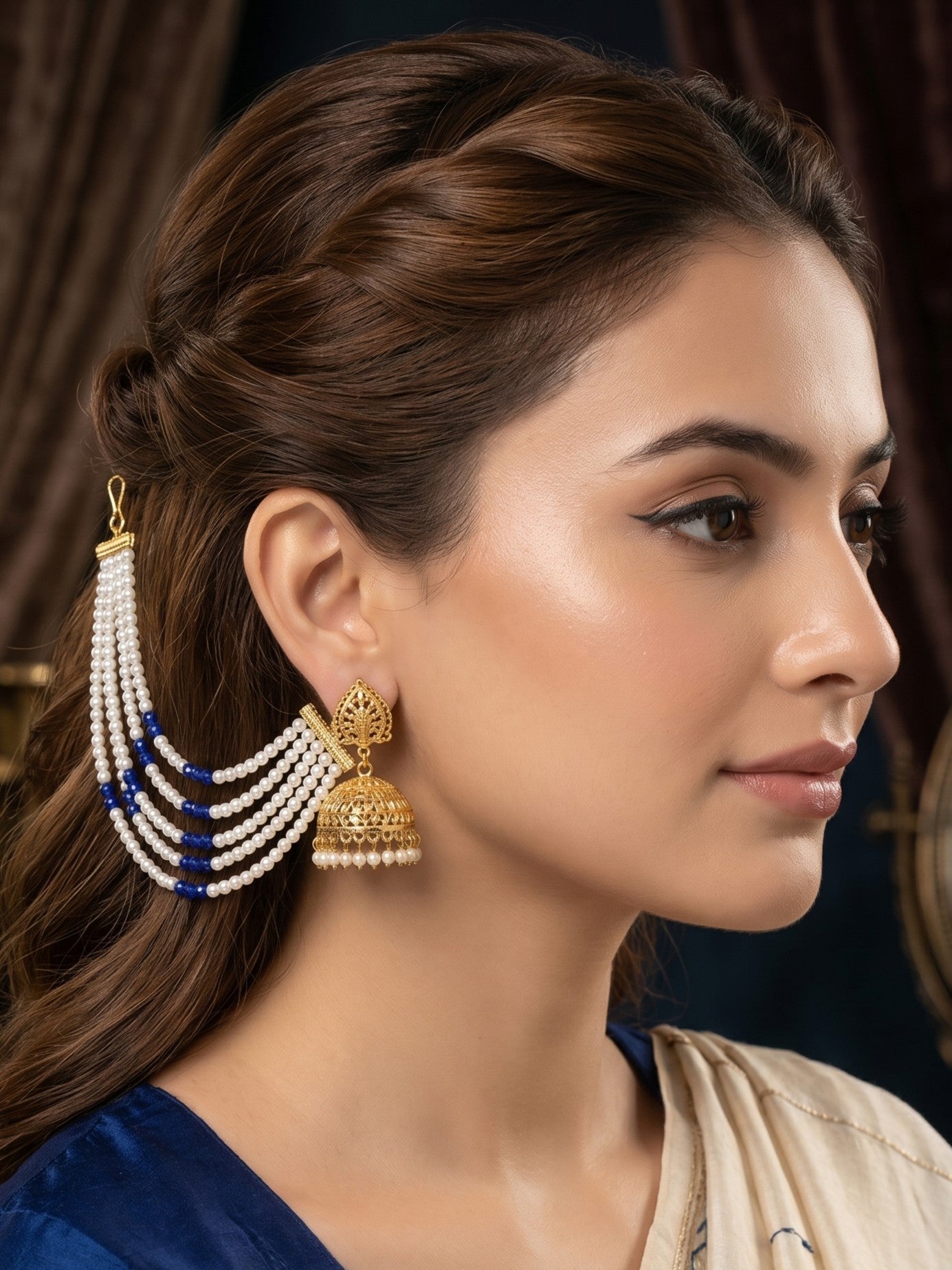 Gold Plated Multi-Layer Pearl Beaded Ear Chain for Women and Girls