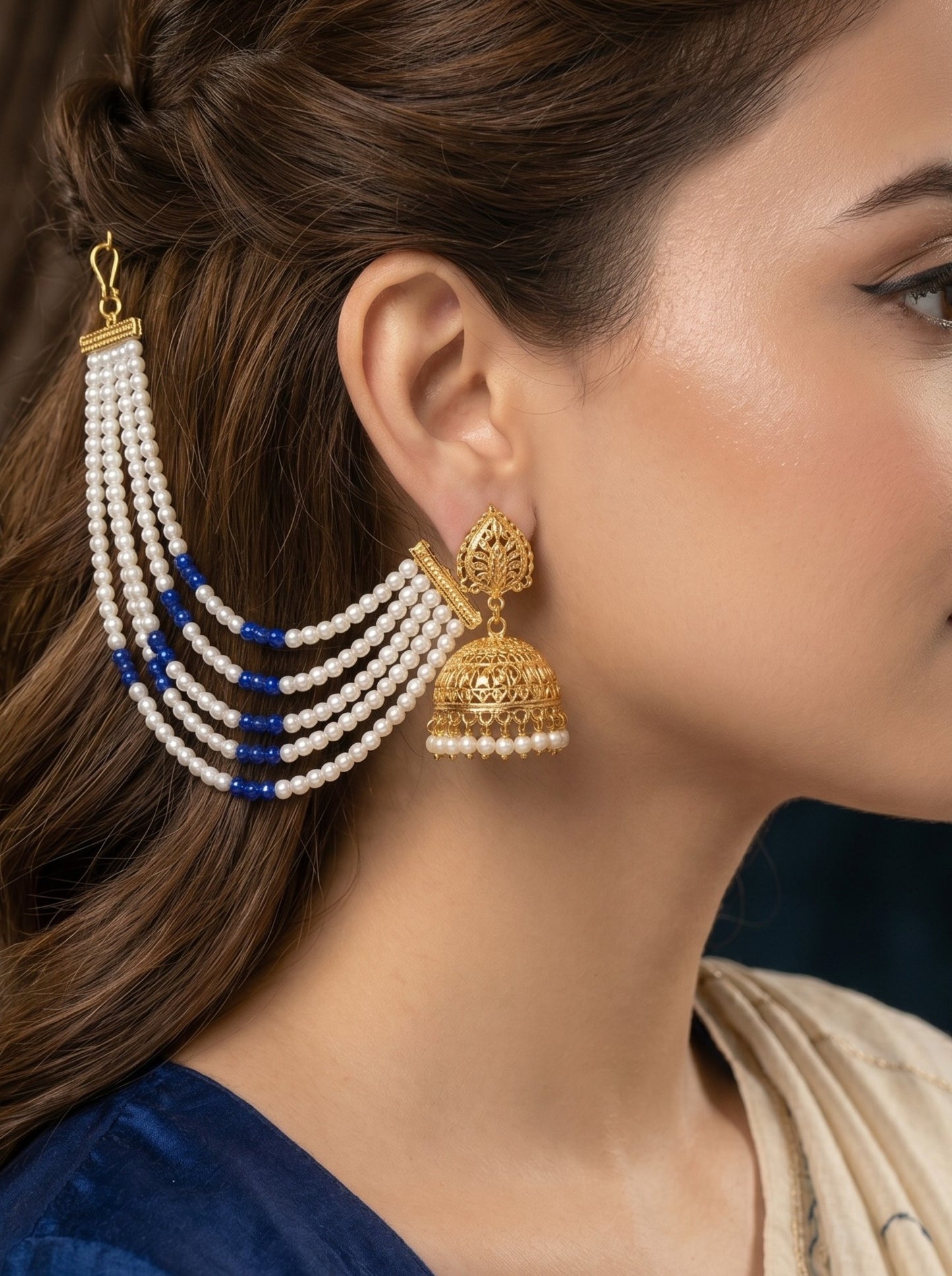 Gold Plated Multi-Layer Pearl Beaded Ear Chain for Women and Girls