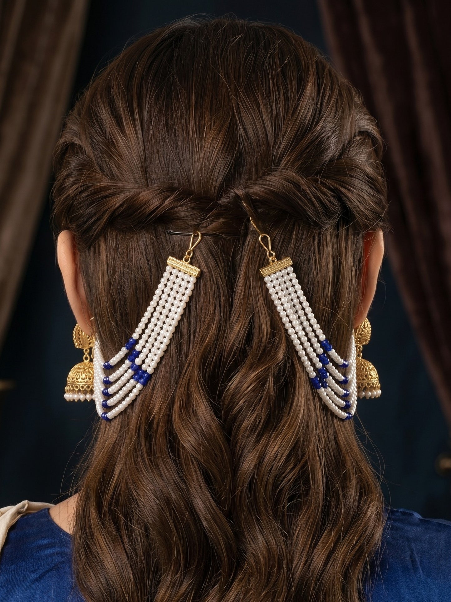 Gold Plated Multi-Layer Pearl Beaded Ear Chain for Women and Girls