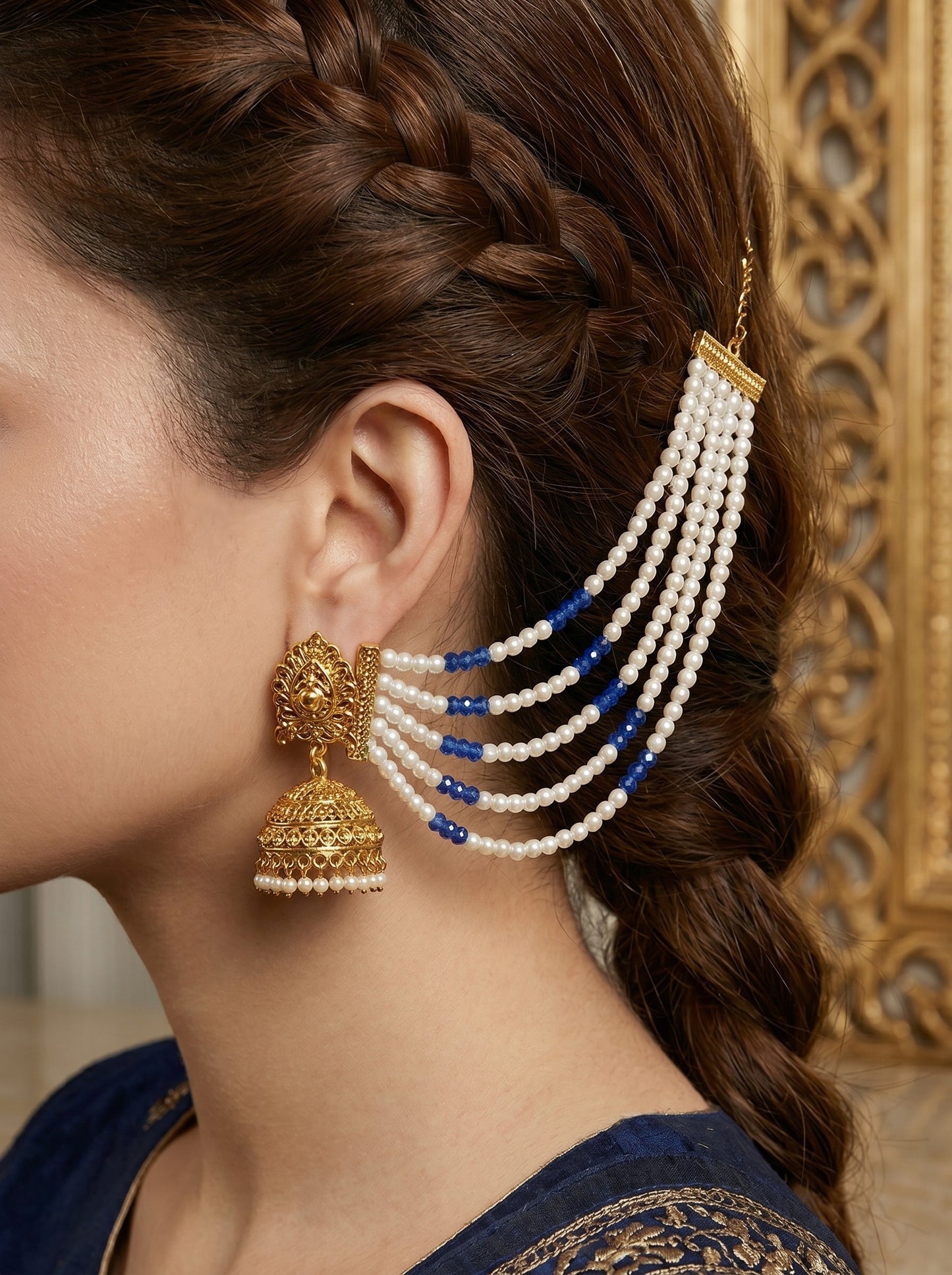 Gold Plated Multi-Layer Pearl Beaded Ear Chain for Women and Girls