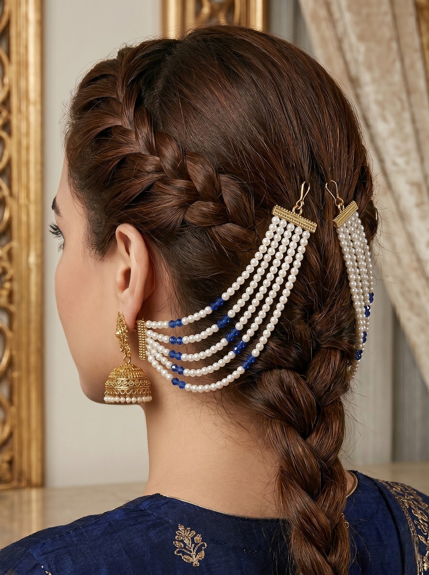 Gold Plated Multi-Layer Pearl Beaded Ear Chain for Women and Girls