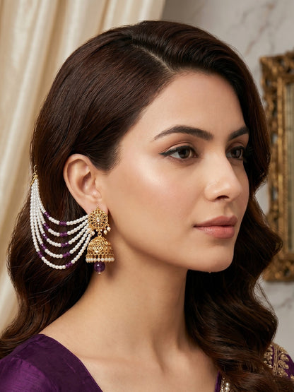 Gold Plated Multi-Layer Pearl Beaded Ear Chain for Women and Girls