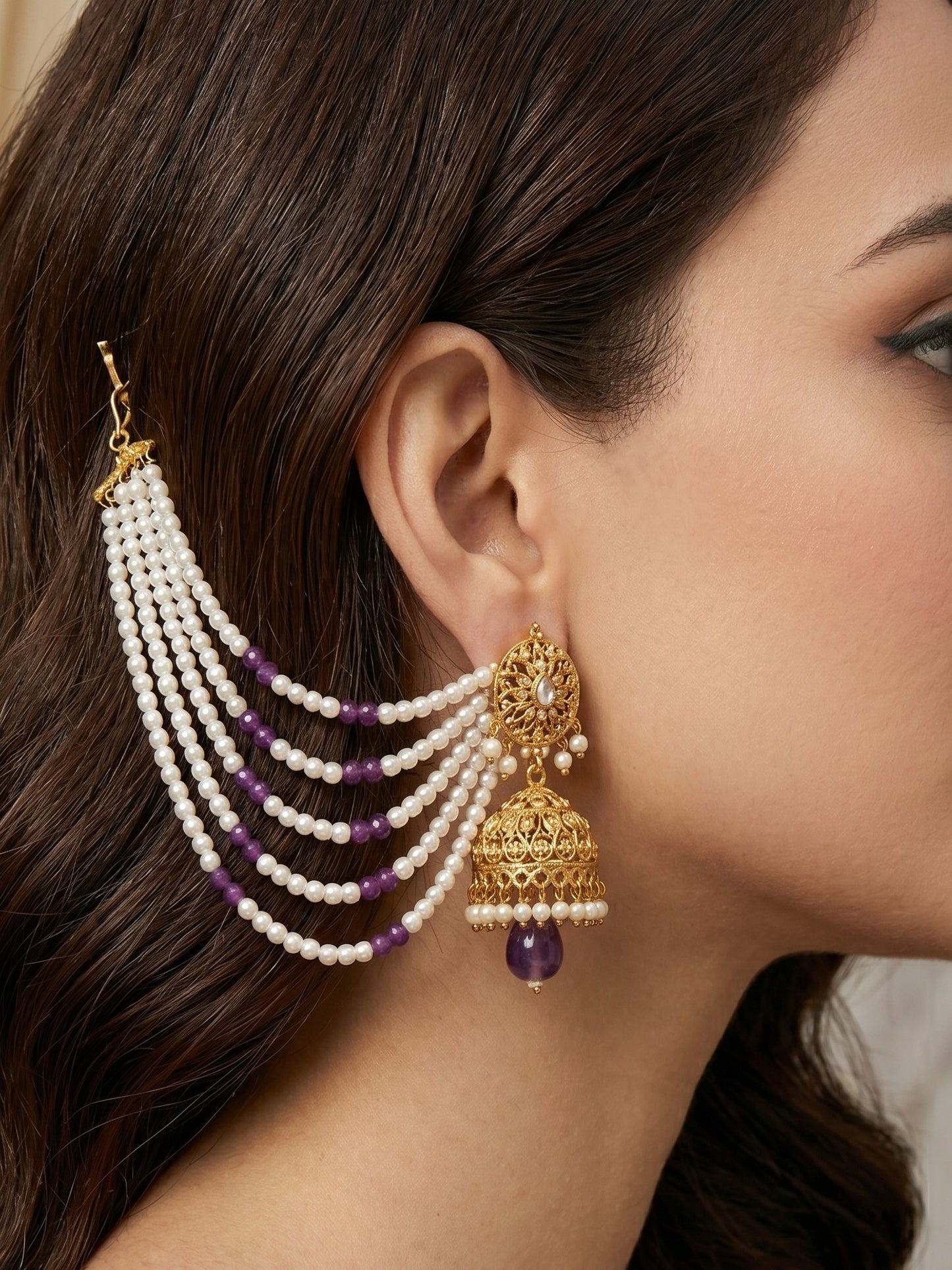 Gold Plated Multi-Layer Pearl Beaded Ear Chain for Women and Girls