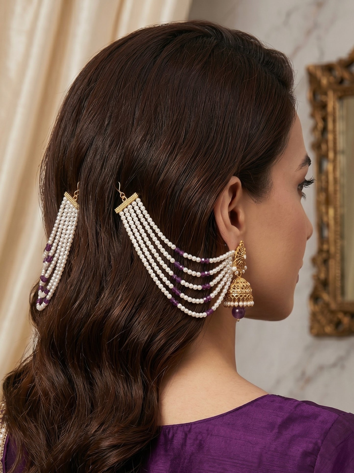 Gold Plated Multi-Layer Pearl Beaded Ear Chain for Women and Girls