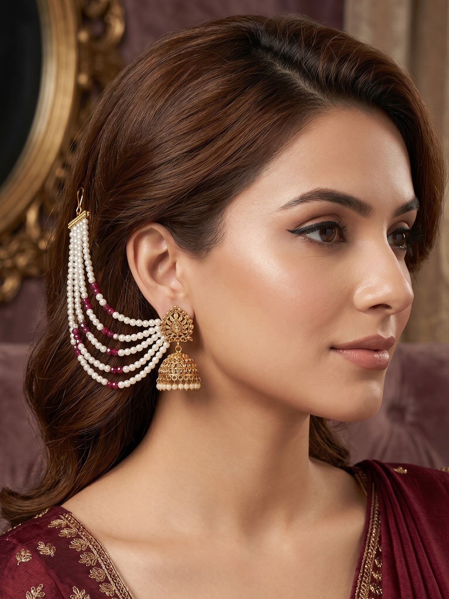 Gold Plated Multi-Layer Pearl Beaded Ear Chain for Women and Girls
