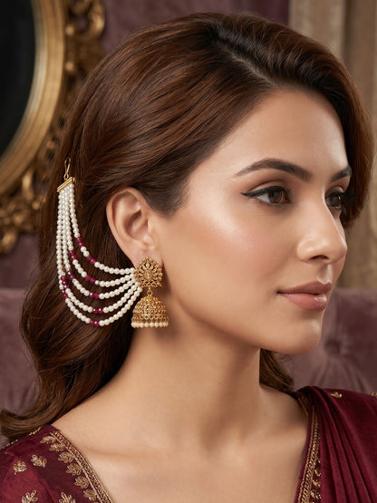 Gold Plated Multi-Layer Pearl Beaded Ear Chain for Women and Girls