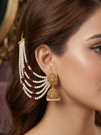 Gold Plated Multi-Layer Pearl Beaded Ear Chain for Women and Girls