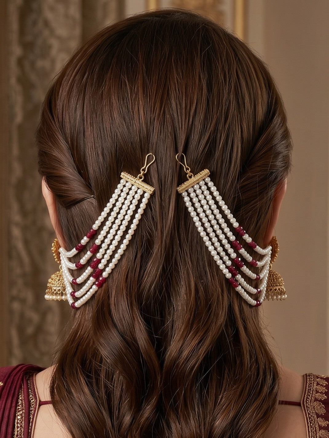 Gold Plated Multi-Layer Pearl Beaded Ear Chain for Women and Girls