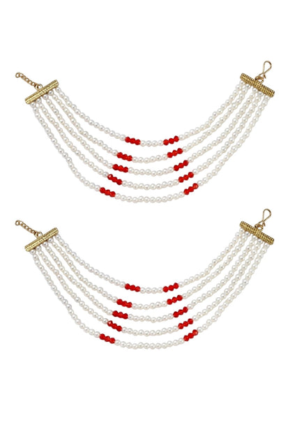 Gold Plated Multi Layered Red and White Pearl Ear Chain