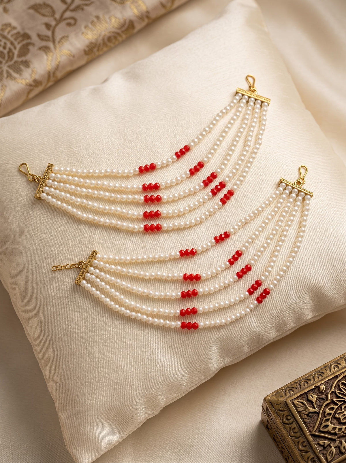 Gold Plated Multi Layered Red and White Pearl Ear Chain