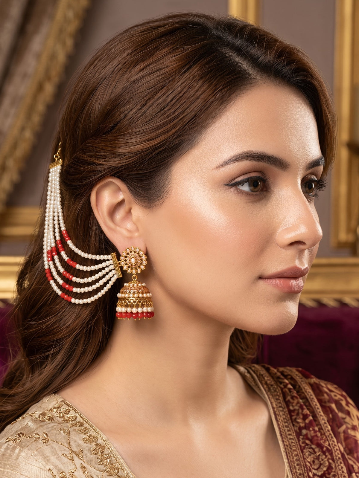 Gold Plated Multi Layered Red and White Pearl Ear Chain