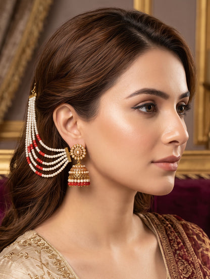 Gold Plated Multi Layered Red and White Pearl Ear Chain