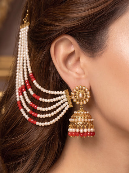 Gold Plated Multi Layered Red and White Pearl Ear Chain