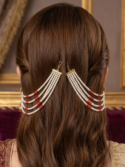 Gold Plated Multi Layered Red and White Pearl Ear Chain