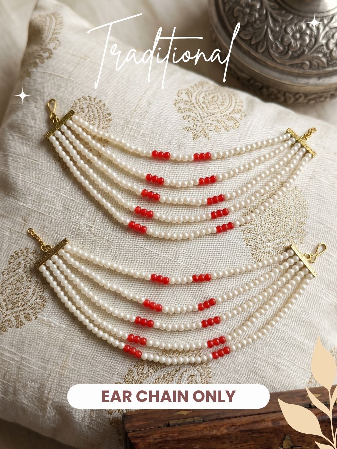 Gold Plated Multi Layered Red and White Pearl Ear Chain