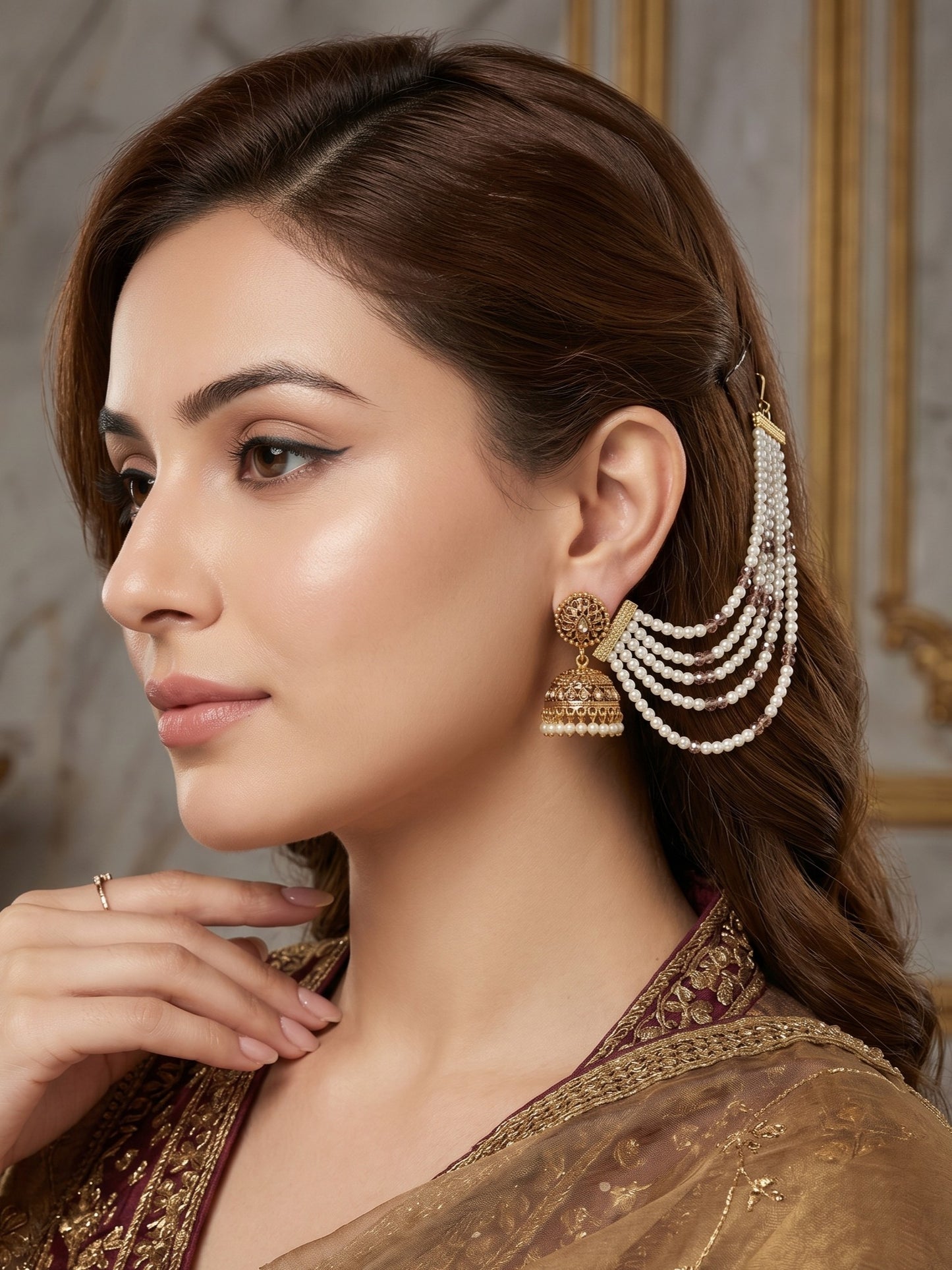 Gold Plated Multi-Layer Pearl Beaded Ear Chain for Women and Girls