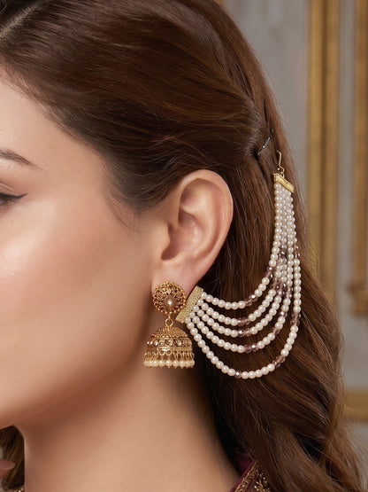 Gold Plated Multi-Layer Pearl Beaded Ear Chain for Women and Girls