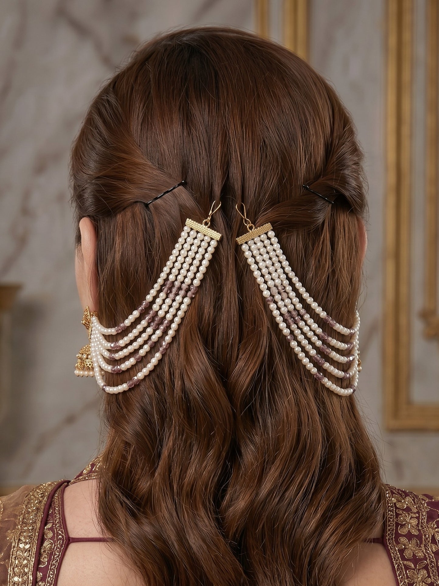 Gold Plated Multi-Layer Pearl Beaded Ear Chain for Women and Girls