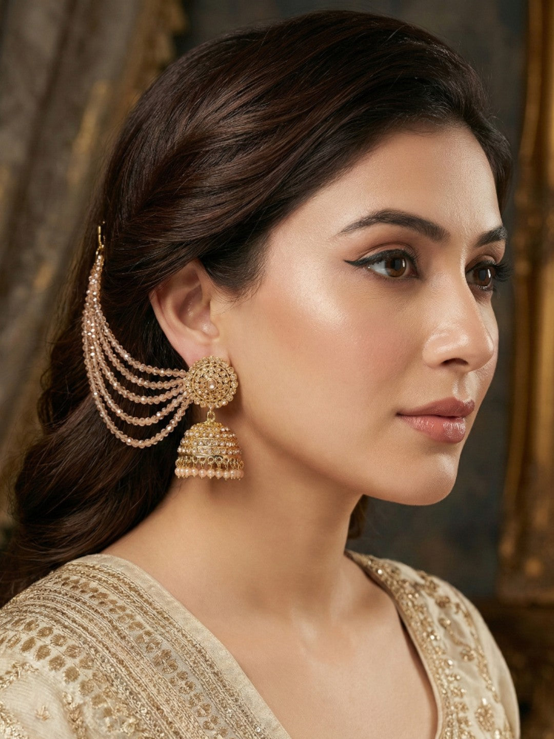 Meira Jewellery Traditional Gold-Plated Multi-Layered Peach Crystal Beaded Ear Chain for Women & Girls, Ethnic Kaan Chain Hair Accessories, Stylish Indian Jewellery for Festival, Wedding & Parties-01