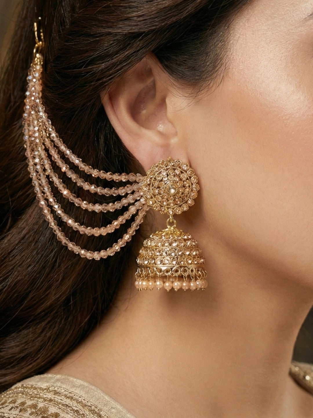 Meira Jewellery Traditional Gold-Plated Multi-Layered Peach Crystal Beaded Ear Chain for Women & Girls, Ethnic Kaan Chain Hair Accessories, Stylish Indian Jewellery for Festival, Wedding & Parties-01