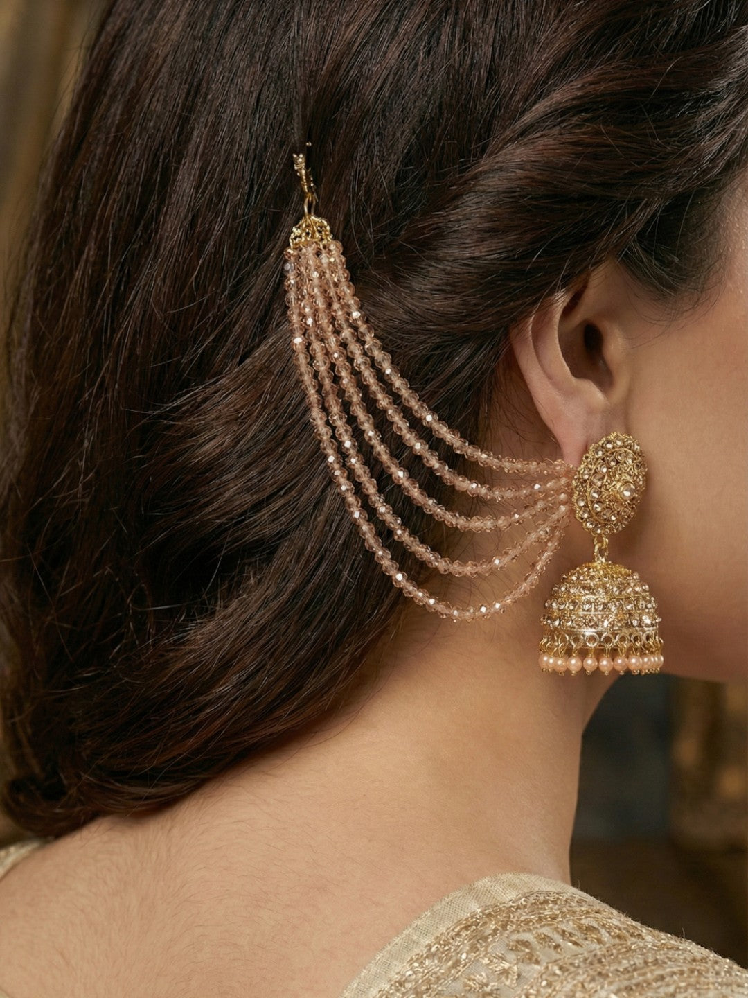 Meira Jewellery Traditional Gold-Plated Multi-Layered Peach Crystal Beaded Ear Chain for Women & Girls, Ethnic Kaan Chain Hair Accessories, Stylish Indian Jewellery for Festival, Wedding & Parties-01