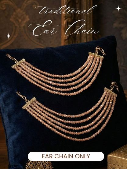 Meira Jewellery Traditional Gold-Plated Multi-Layered Peach Crystal Beaded Ear Chain for Women & Girls, Ethnic Kaan Chain Hair Accessories, Stylish Indian Jewellery for Festival, Wedding & Parties-01