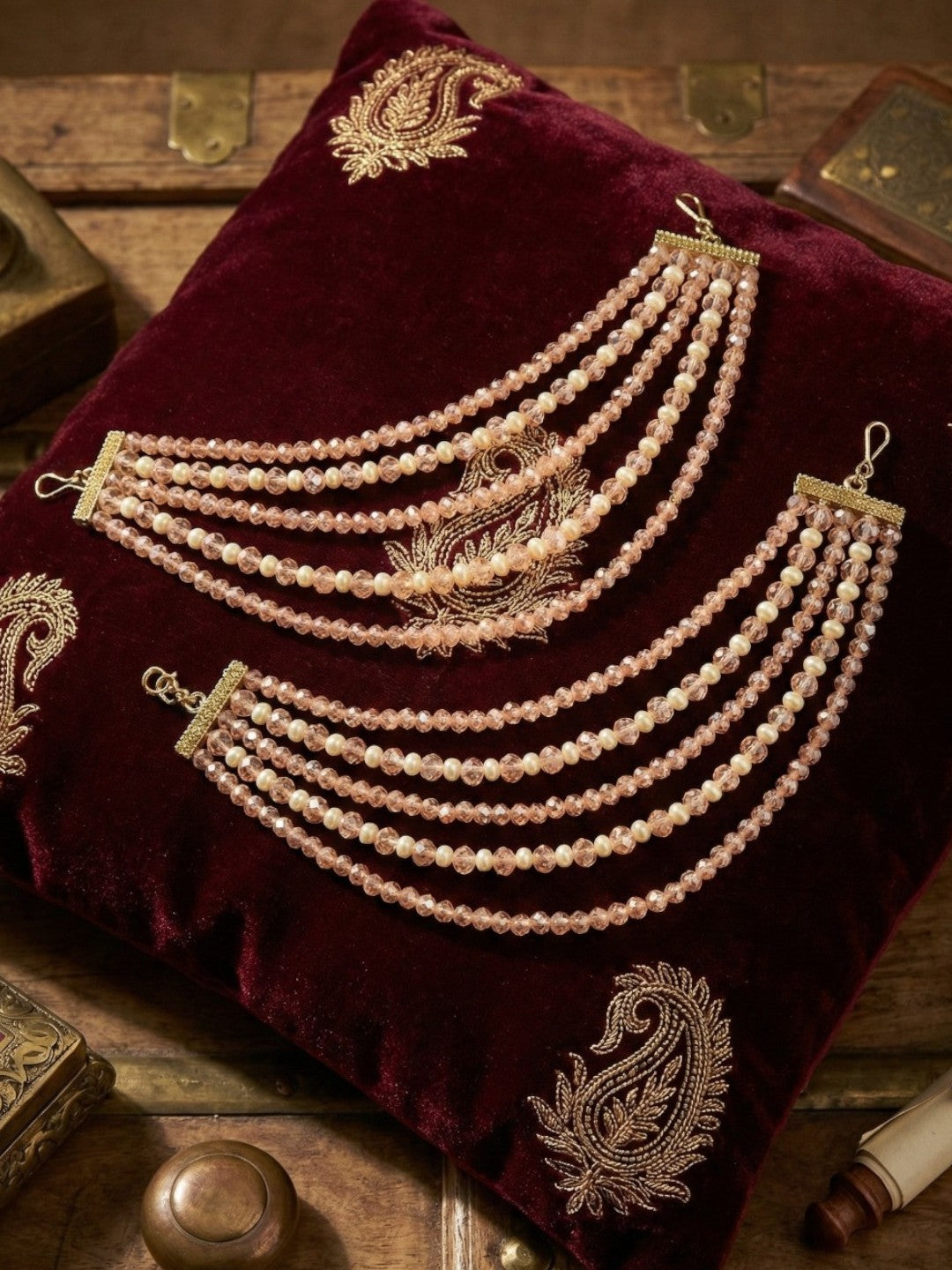 Meira Jewellery Traditional Gold-Plated Multi-Layered Peach Crystal Beaded Ear Chain for Women & Girls, Ethnic Kaan Chain Hair Accessories, Stylish Indian Jewellery for Festival, Wedding & Parties-02