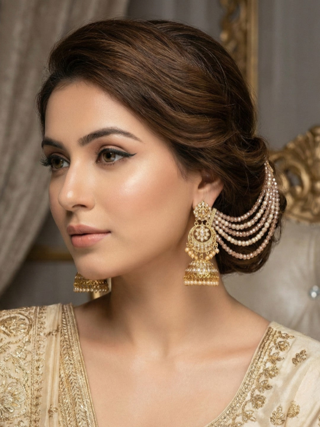Meira Jewellery Traditional Gold-Plated Multi-Layered Peach Crystal Beaded Ear Chain for Women & Girls, Ethnic Kaan Chain Hair Accessories, Stylish Indian Jewellery for Festival, Wedding & Parties-02