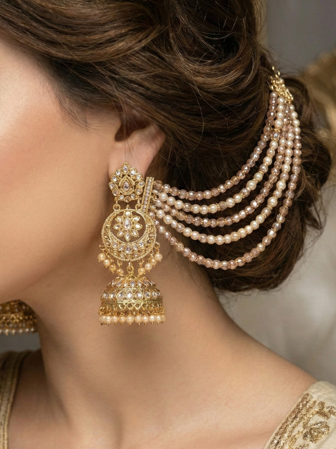 Meira Jewellery Traditional Gold-Plated Multi-Layered Peach Crystal Beaded Ear Chain for Women & Girls, Ethnic Kaan Chain Hair Accessories, Stylish Indian Jewellery for Festival, Wedding & Parties-02