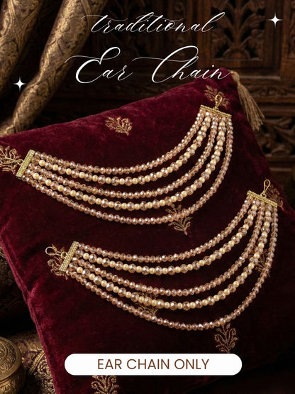 Meira Jewellery Traditional Gold-Plated Multi-Layered Peach Crystal Beaded Ear Chain for Women & Girls, Ethnic Kaan Chain Hair Accessories, Stylish Indian Jewellery for Festival, Wedding & Parties-02