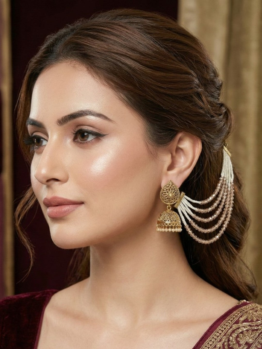 Meira Jewellery Traditional Gold-Plated Multi-Layered Peach Crystal Beaded Ear Chain for Women & Girls, Ethnic Kaan Chain Hair Accessories, Stylish Indian Jewellery for Festival, Wedding & Parties-02