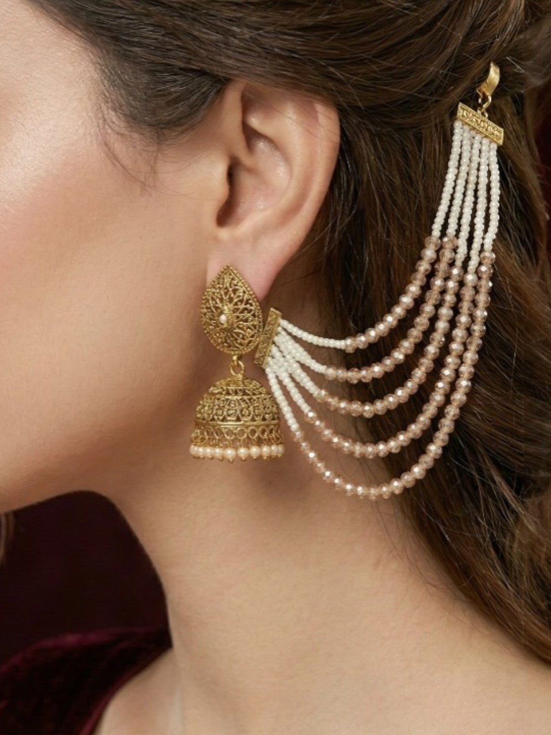 Meira Jewellery Traditional Gold-Plated Multi-Layered Peach Crystal Beaded Ear Chain for Women & Girls, Ethnic Kaan Chain Hair Accessories, Stylish Indian Jewellery for Festival, Wedding & Parties-02