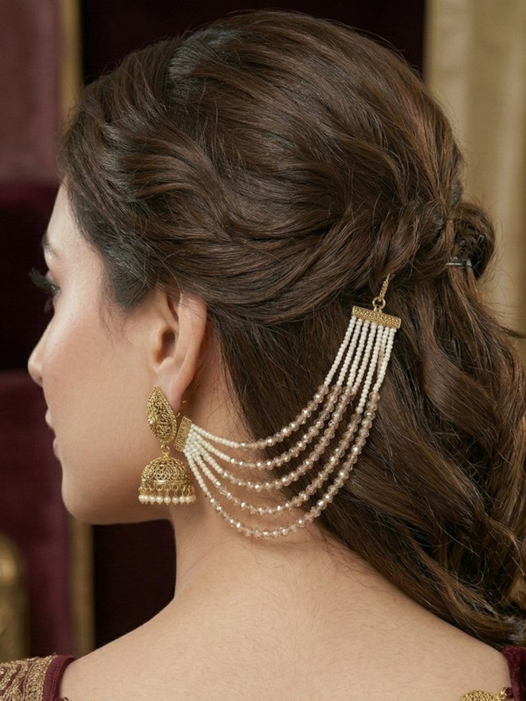 Meira Jewellery Traditional Gold-Plated Multi-Layered Peach Crystal Beaded Ear Chain for Women & Girls, Ethnic Kaan Chain Hair Accessories, Stylish Indian Jewellery for Festival, Wedding & Parties-02