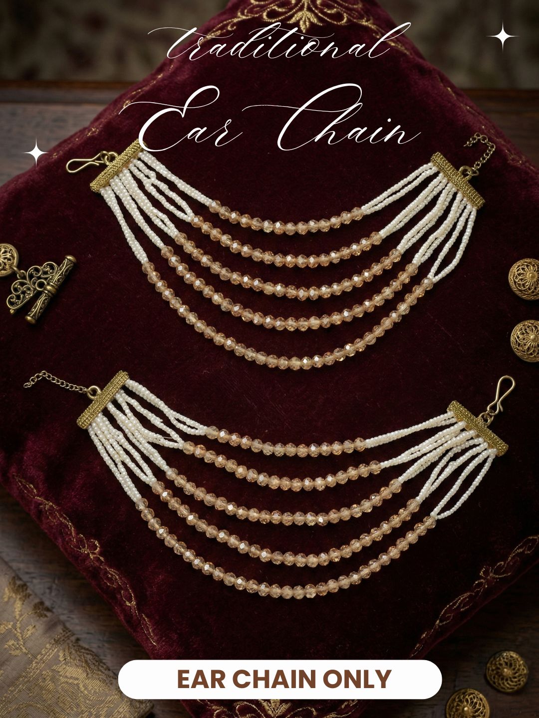 Meira Jewellery Traditional Gold-Plated Multi-Layered Peach Crystal Beaded Ear Chain for Women & Girls, Ethnic Kaan Chain Hair Accessories, Stylish Indian Jewellery for Festival, Wedding & Parties-02