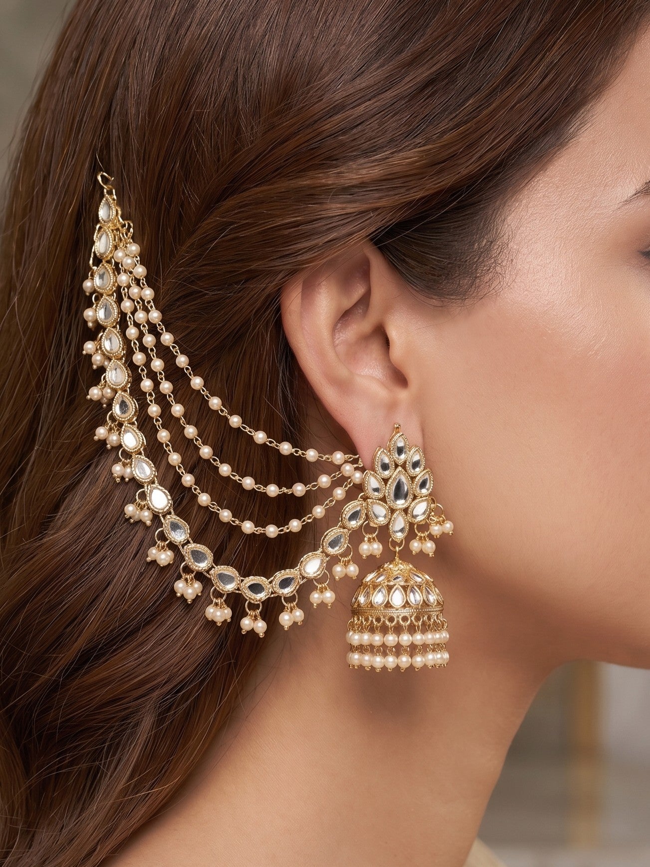 Traditional Pearl Beaded Ear Chain Accessory for Women and Girls