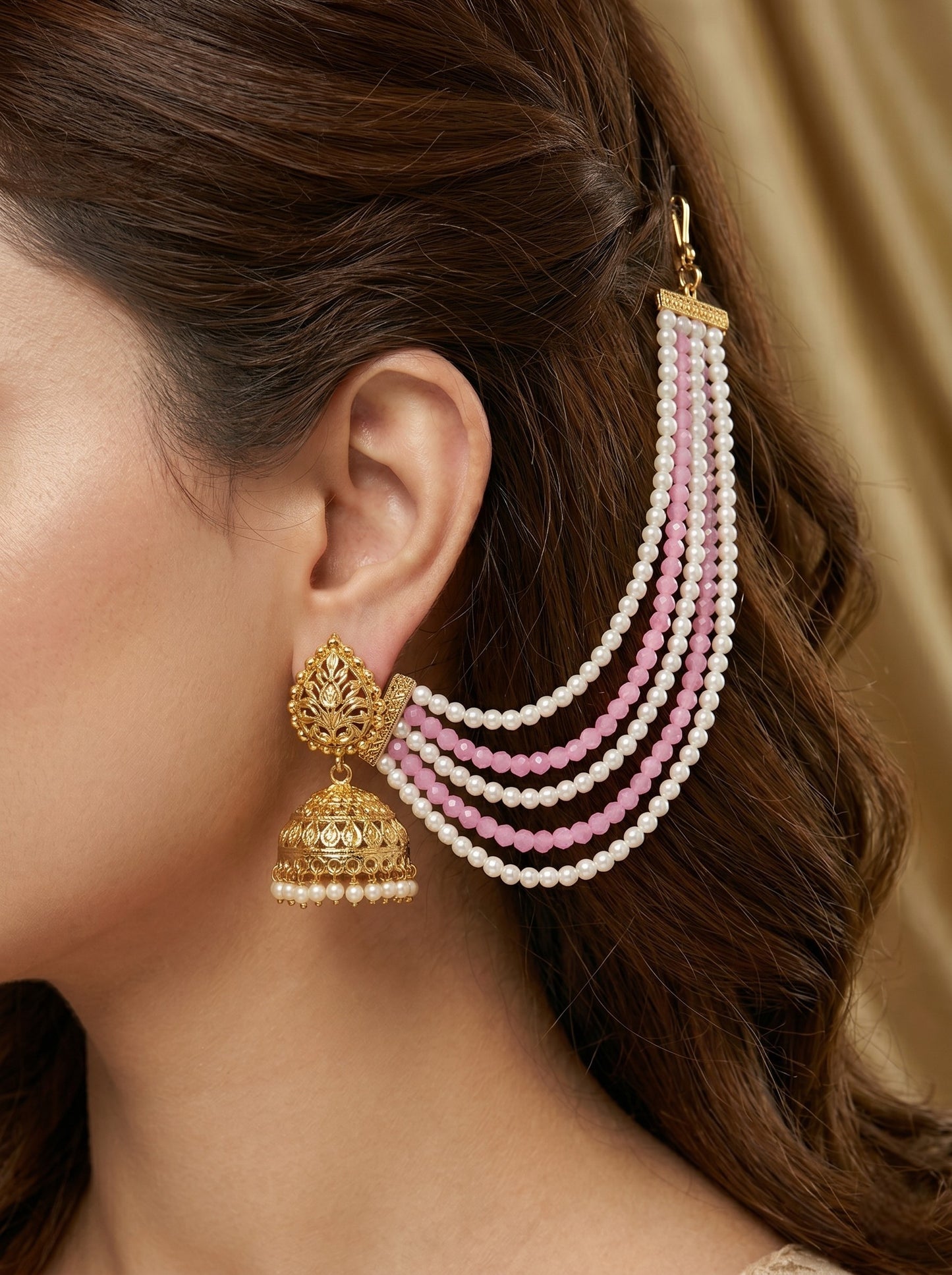 Gold Plated Multi-Layer Pearl Beaded Ear Chain for Women and Girls