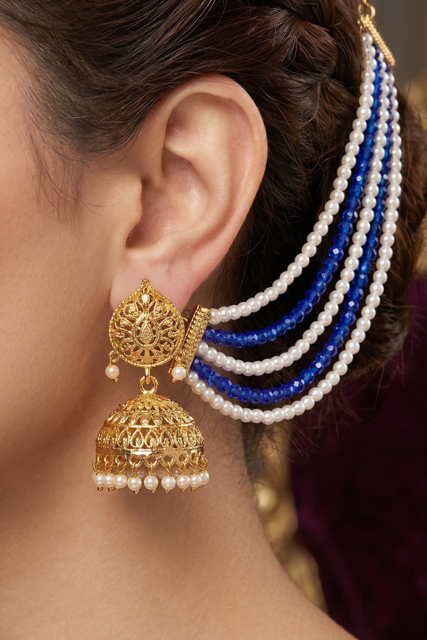 Gold Plated Multi-Layer Pearl Beaded Ear Chain for Women and Girls