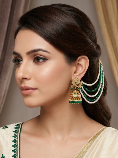 Gold Plated Multi-Layer Pearl Beaded Ear Chain for Women and Girls