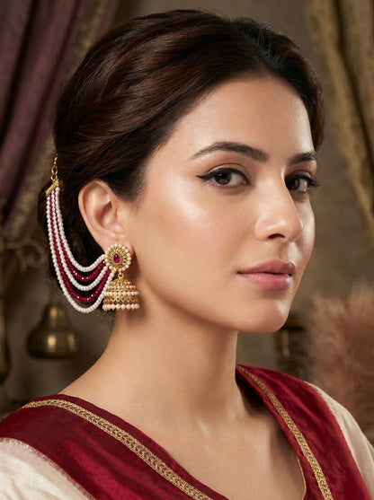 Gold Plated Multi-Layer Pearl Beaded Ear Chain for Women and Girls