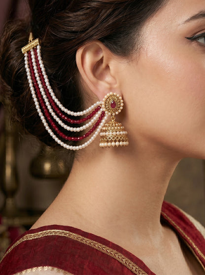 Gold Plated Multi-Layer Pearl Beaded Ear Chain for Women and Girls