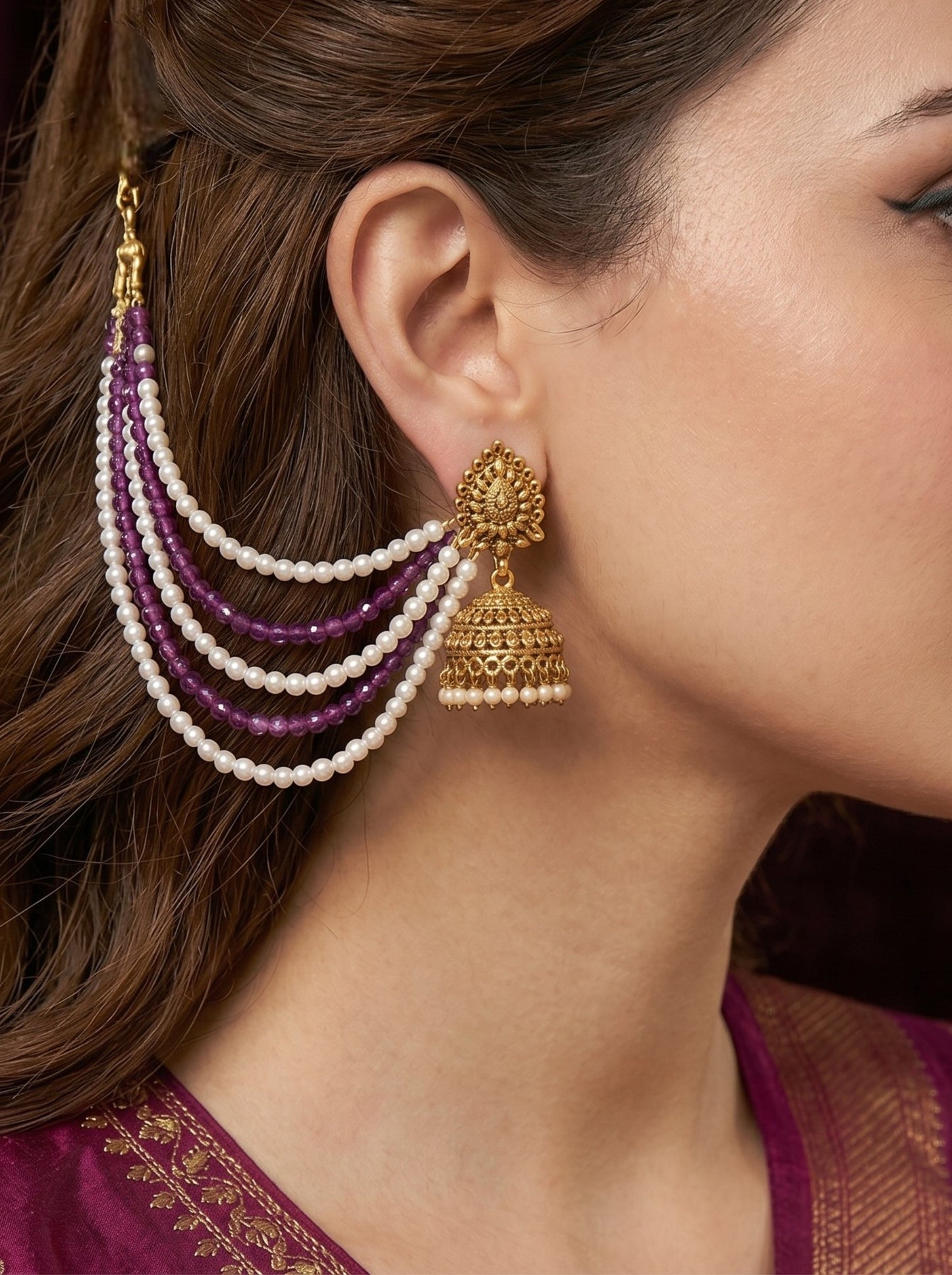 Gold Plated Multi-Layer Pearl Beaded Ear Chain for Women and Girls