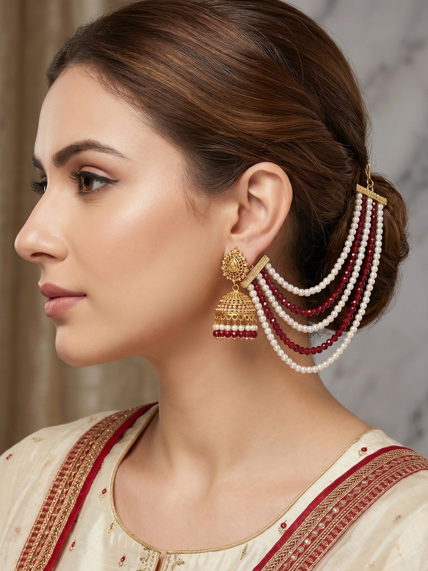 Gold Plated Multi-Layer Pearl Beaded Ear Chain for Women and Girls