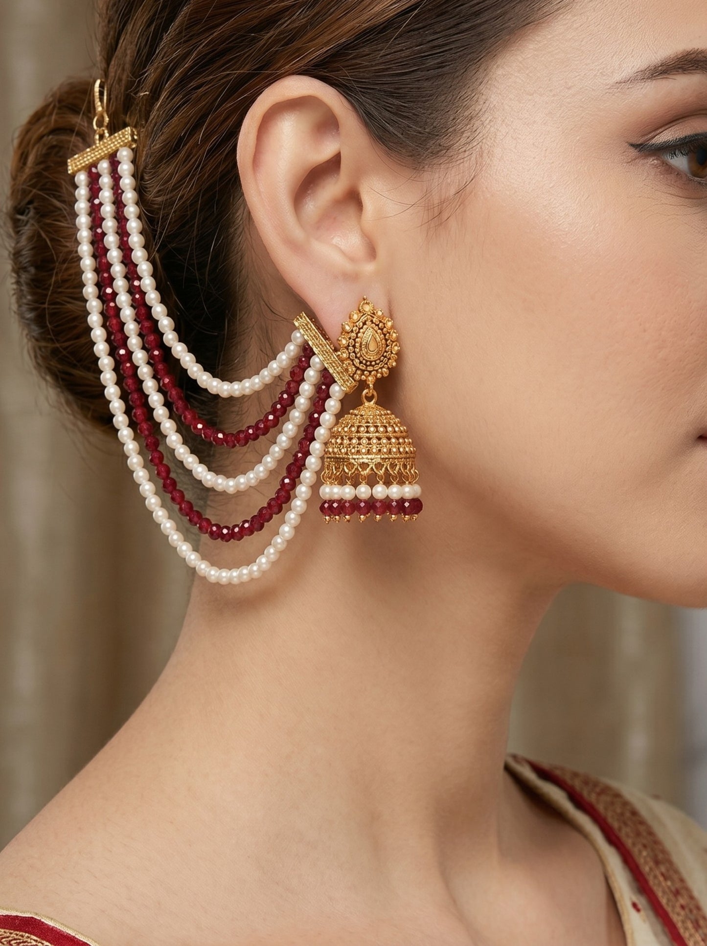 Gold Plated Multi-Layer Pearl Beaded Ear Chain for Women and Girls