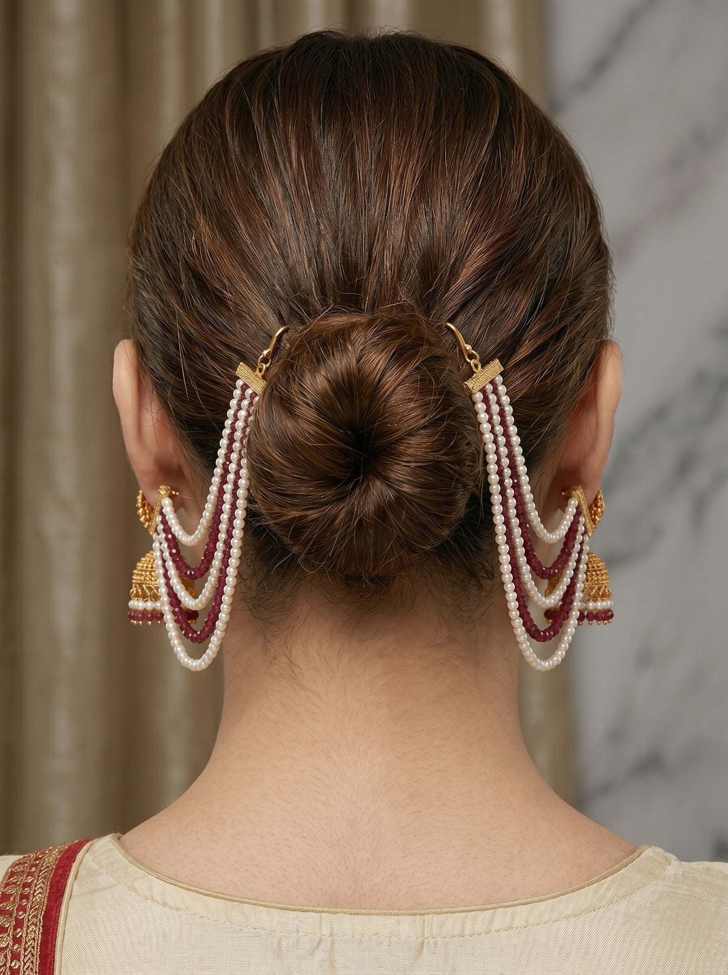 Gold Plated Multi-Layer Pearl Beaded Ear Chain for Women and Girls
