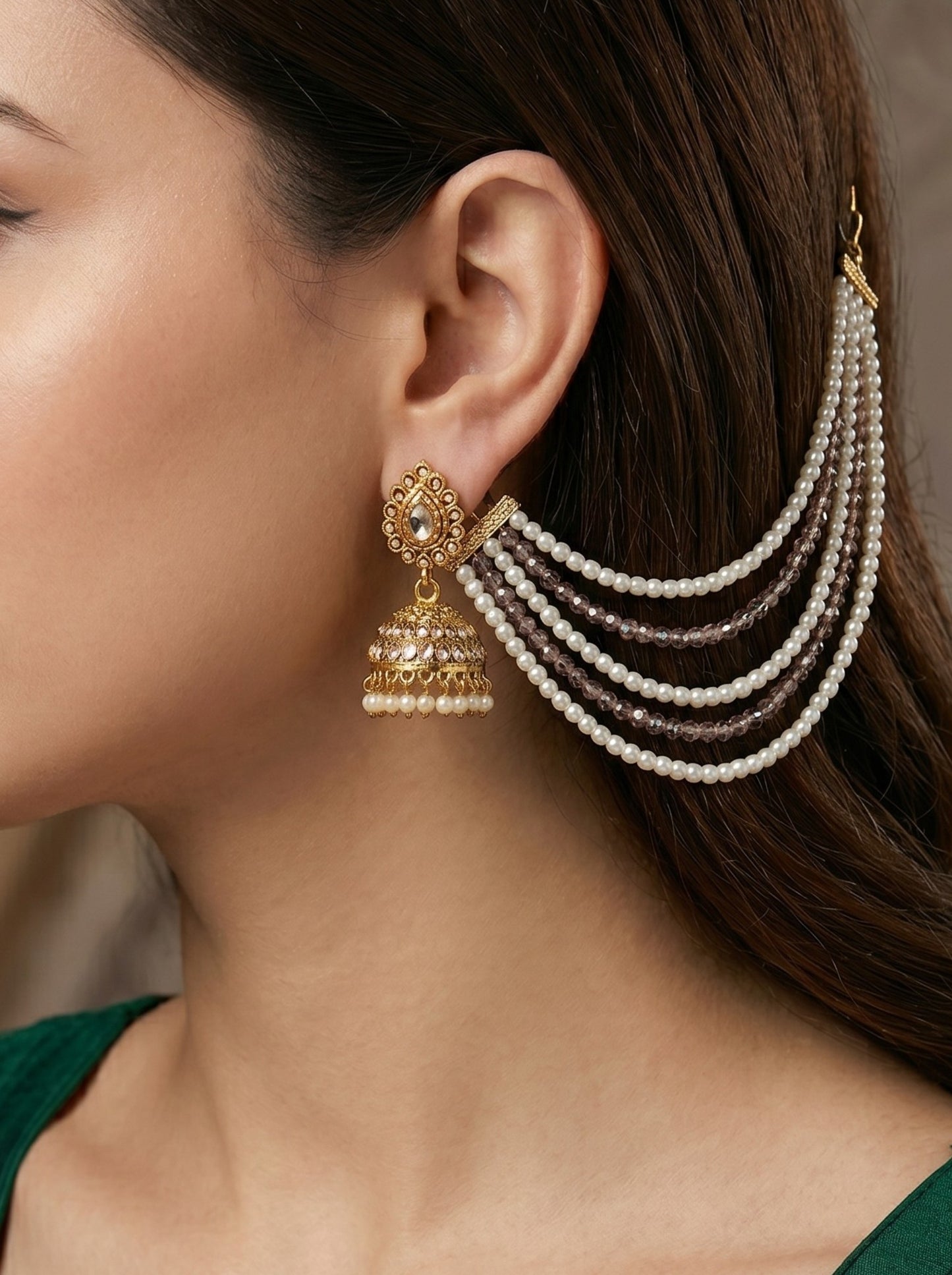 Gold Plated Multi-Layer Pearl Beaded Ear Chain for Women and Girls